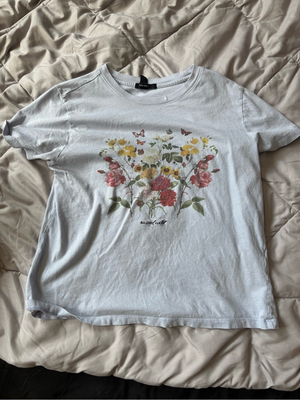 Forever 21 White Floral Graphic Tee with Pink and Yellow Blooms
